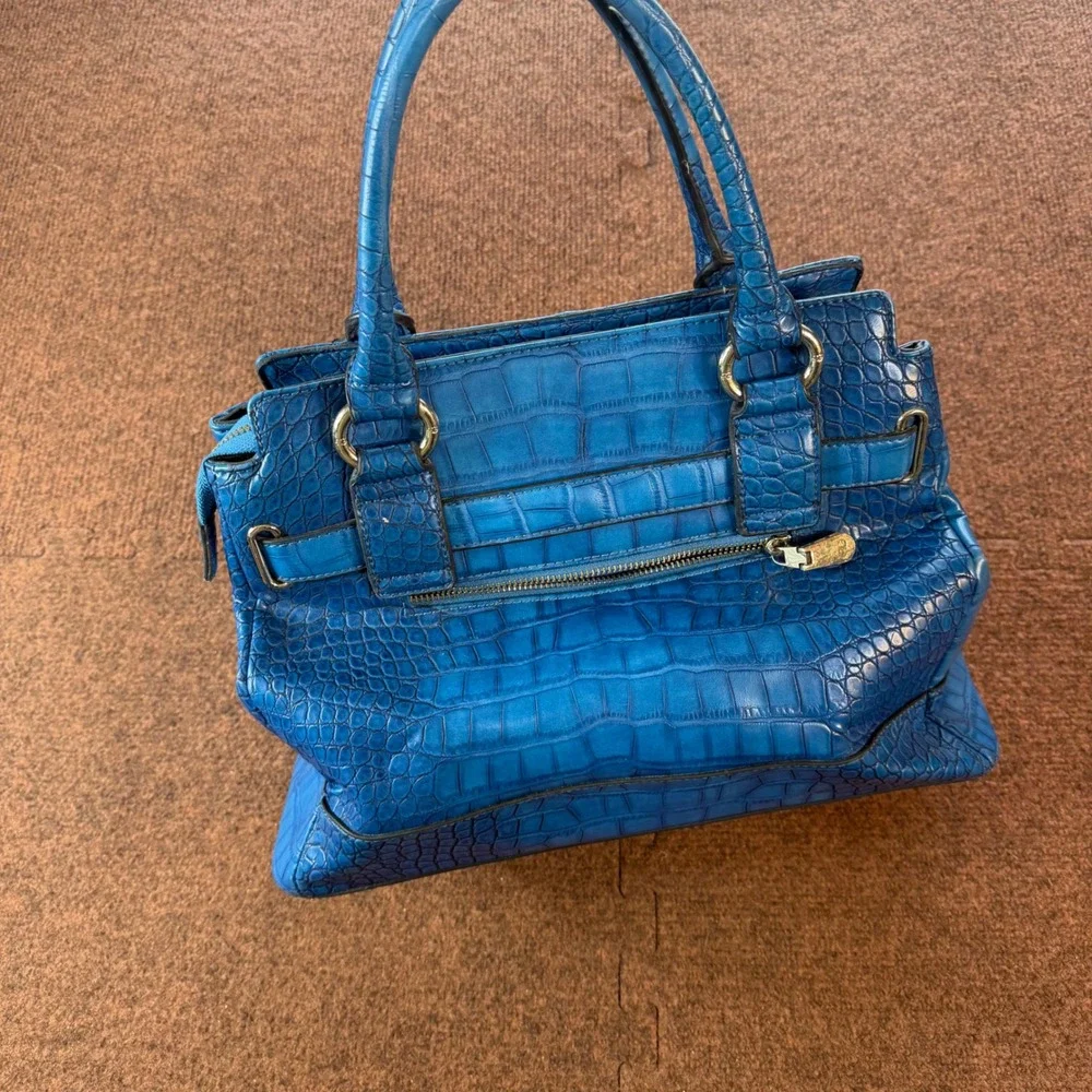 Anais Gvani New York Blue Croc Embossed Satchel Handbag Gold Hardware rare cool